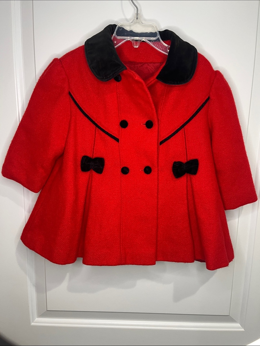 Red Pea Coat with Black Velvet Trim - kids- Christmas - Holidays - winter